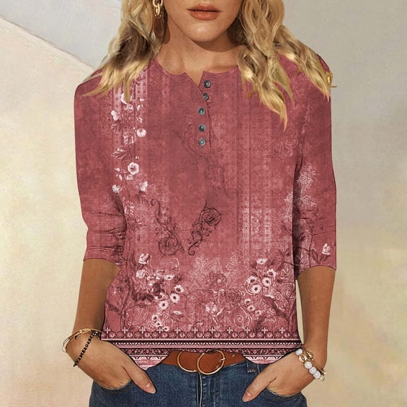 Pincandy 3/4 Length Sleeve Women's Casual Round Neck Cute Tops Fashion Loose Fit T-Shirts and Blouses