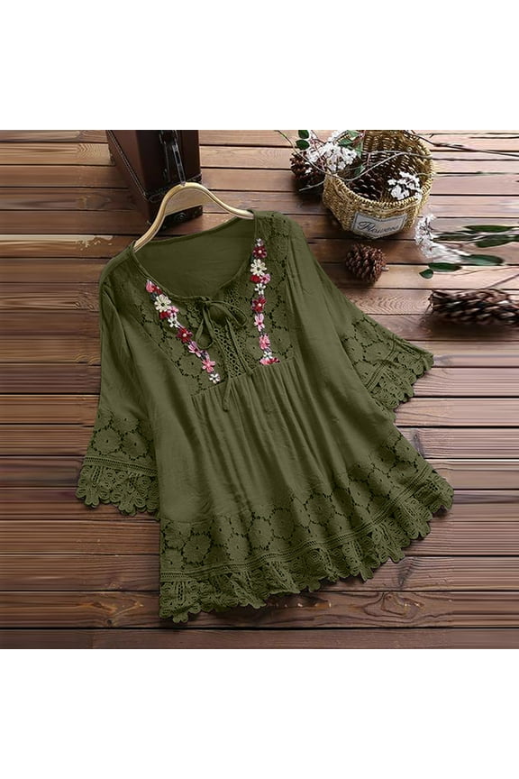 3/4 Length Sleeve Womens Boho Tops Cotton Linen Mexican Embroidered Shirts Plus Size Flowy Lace Tunic Peasant Blouses