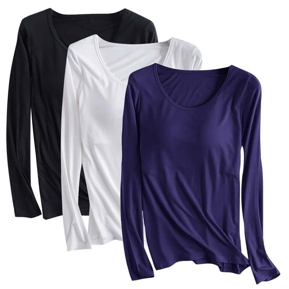 Pincandy 3 Pack Women's Long Sleeve Modal T-Shirt with Built in Bras - Basic Solid Color Casual Crewneck Padded Pajamas Tops
