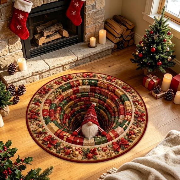 Pincandy 3D Illusion Christmas Round Rug Quilted Santa in Library Design, Non-Slip Circular Floor Mat for Living Room & Bedroom Décor