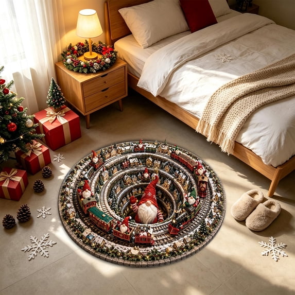 Pincandy 3D Illusion Christmas Round Rug Quilted Santa in Library Design, Non-Slip Circular Floor Mat for Living Room & Bedroom Décor