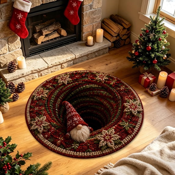 Pincandy 3D Illusion Christmas Round Rug Quilted Santa in Library Design, Non-Slip Circular Floor Mat for Living Room & Bedroom Décor