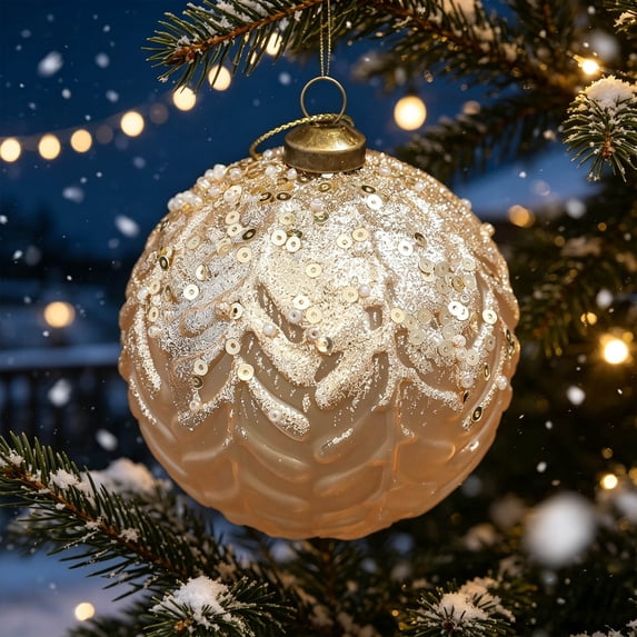 Pincandy 8cm Champagne Christmas Tree Ornaments - Shatterproof Textured Baubles with Gold Glitter Accents, Lightweight Hanging Pendants for Holiday Decor