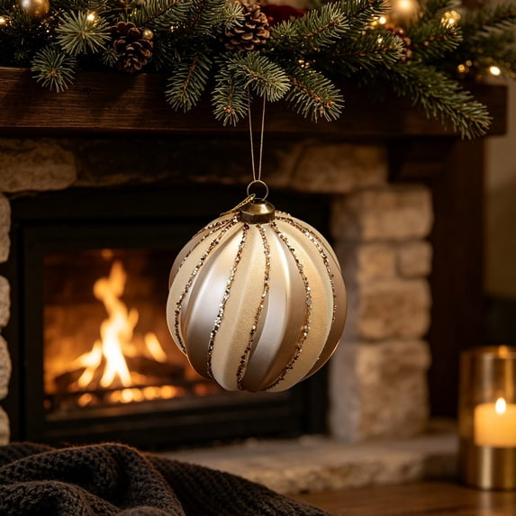 Pincandy 8cm Champagne Christmas Tree Ornaments - Shatterproof Textured Baubles with Gold Glitter Accents, Lightweight Hanging Pendants for Holiday Decor