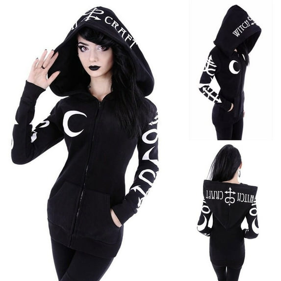 Pincandy Black Punk Gothic Hoodie Women Long Sleeve Zip Up Hoodie Moon Jacket Top Long Sweatshirts Plus Size Y2k Goth Clothing