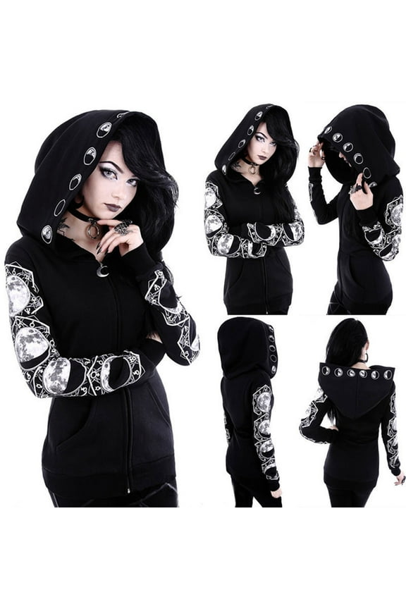Black Punk Gothic Hoodie Women Long Sleeve Zip Up Hoodie Moon Jacket Top Long Sweatshirts Plus Size Y2k Goth Clothing