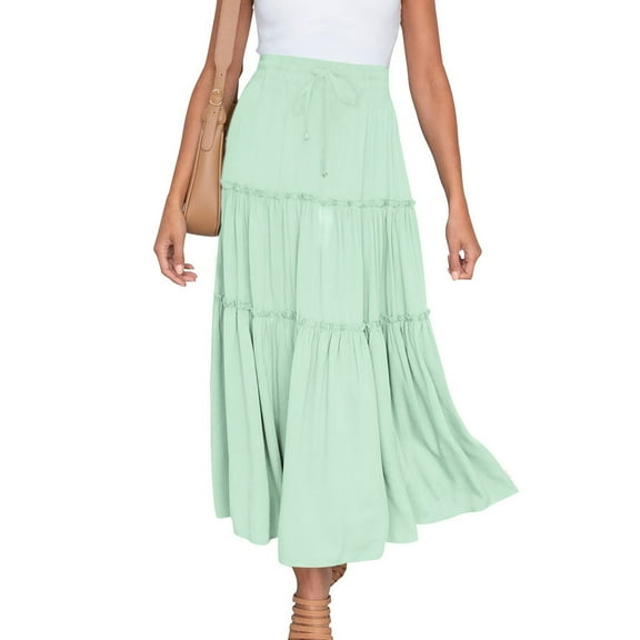 Pincandy Boho Maxi Skirts Women Summer Elastic Waist Loose Long Skirts Solid Colour Bohemian Skirts Ladies Casual Outfits