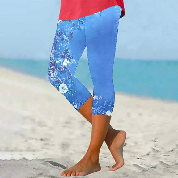 Pincandy Capri Pants for Women Casual Summer Pants Floral Print Yoga Capris High Waisted Tummy Control Leggings Seamless