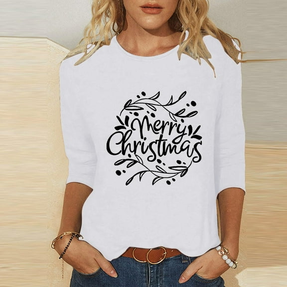 Pincandy Christmas Shirts for Women: Merry and Bright T Shirt 3/4 Sleeve Christmas Tree Shirt Christmas Vacation Tees