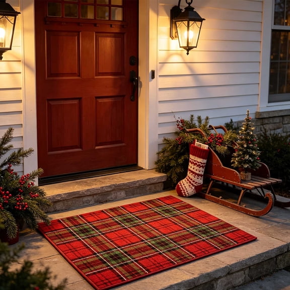 Pincandy Christmas Tartan Plaid Doormat 15.74 x 23.62 Inch Antiskid Entry Rug with Red & Green Classic Check Pattern for Indoor Outdoor Front Door, Porch & Hallway Holiday Decor