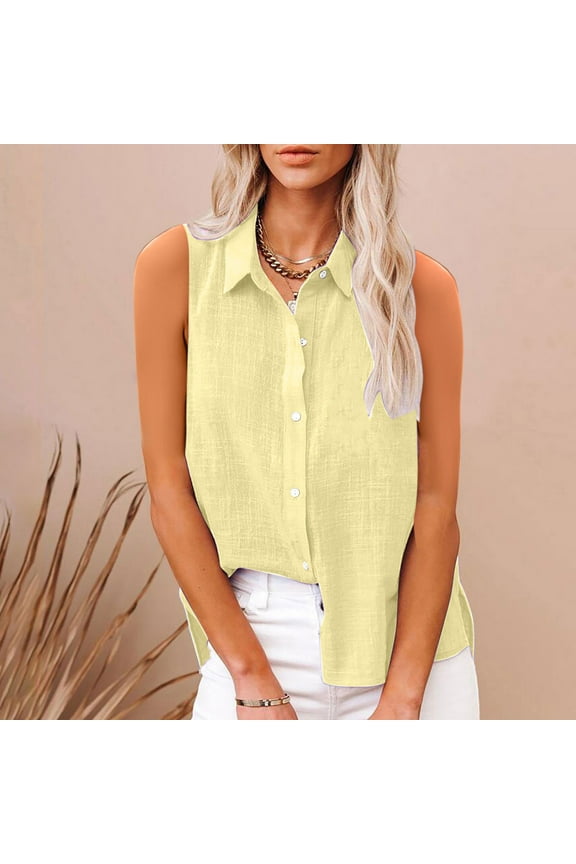 Cotton Linen Shirts for Women Sleeveless Collared Tops Oversized Button Up Blouses Work Shirts Casual Summer Tshirt