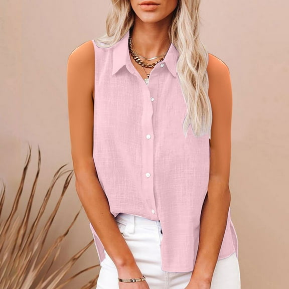 Pincandy Cotton Linen Shirts for Women Sleeveless Collared Tops Oversized Button Up Blouses Work Shirts Casual Summer Tshirt