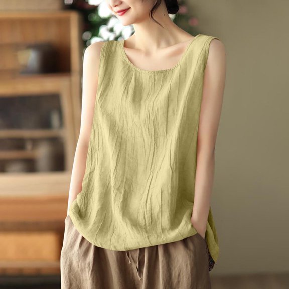 Pincandy Cotton Linen Tank Tops for Womens Summer Sleeveless Crewneck Blouse Casual Solid Color Loose Basic Shirt Plus Size