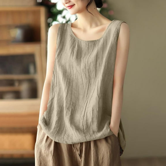 Pincandy Cotton Linen Tank Tops for Womens Summer Sleeveless Crewneck Blouse Casual Solid Color Loose Basic Shirt Plus Size