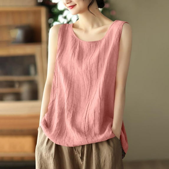 Pincandy Cotton Linen Tank Tops for Womens Summer Sleeveless Crewneck Blouse Casual Solid Color Loose Basic Shirt Plus Size