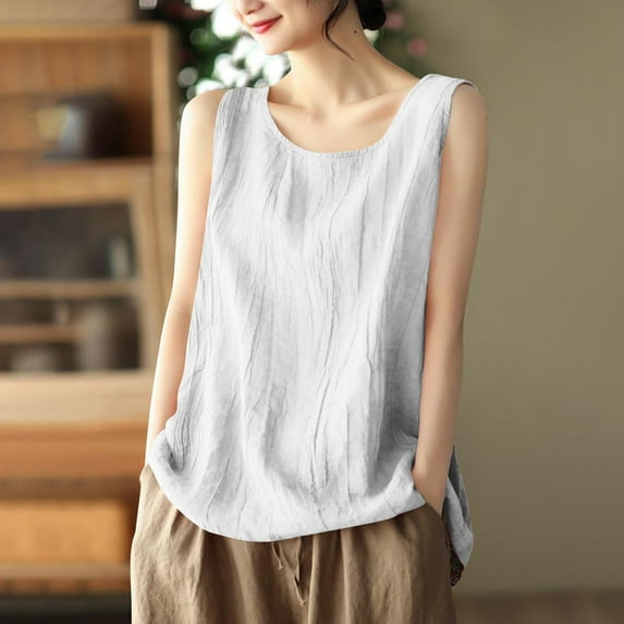 Pincandy Cotton Linen Tank Tops for Womens Summer Sleeveless Crewneck Blouse Casual Solid Color Loose Basic Shirt Plus Size