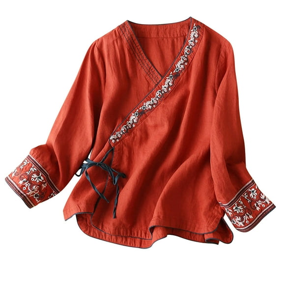 Pincandy Cotton Linen Tops for Women Summer Casual 3/4 Sleeve T Shirts Lightweight Ethnic Style Embroidery Blouses Tees