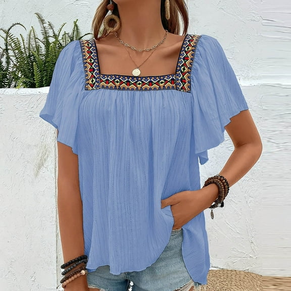 Pincandy Cotton Linen Tops for Women Summer Casual 3/4 Sleeve T Shirts Lightweight Ethnic Style Embroidery Blouses Tees