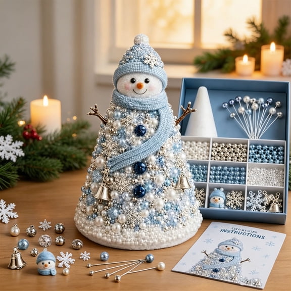 Pincandy DIY Beaded Mini Christmas Tree Kit With Snowman Blue Winter Tabletop Holiday Ornament Supplies Relaxing Handmade Art Activity For Adults