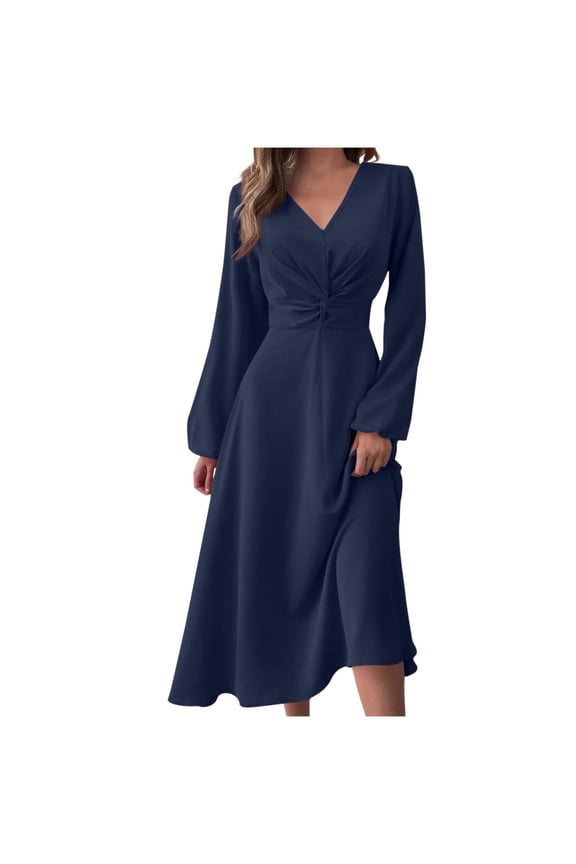 Elegant Lantern Sleeve Midi Dress for Women Fall Ruched V Neck Swing A-Line Wedding Guest Casual Dresses