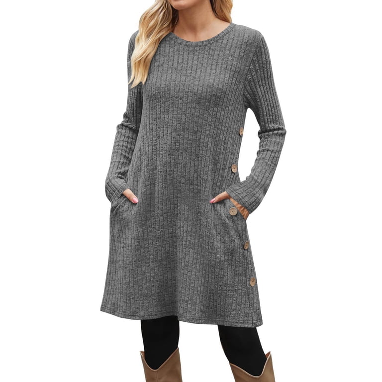 Pincandy Fall and Winter Tunic Dress with Pockets Long Sleeve Crew Neck  Buttons Side