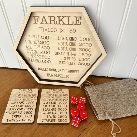 Pincandy Farkle Dice Game Wooden Tray - Handcrafted Hexagon Dice Board with Scoring Cards & 6 Dice, Classic Group Strategy Game Set with Storage Bag