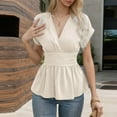 thumbnail image 1 of Pincandy Fashion Summer Women's Solid Color V-Neck Short Sleeve Shirts Top Blouse Women's Batwing Sleeve V Neck Fold Pleated Ruffle Hem Blouse Peplum Top,Beige,2XL, 1 of 4