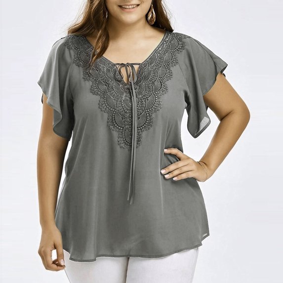 Pincandy Fashion Woman Casual V-Neck Solid Print Lace Short Sleeve T-Shirt Summer Plus Size Tops,Gray,2XL
