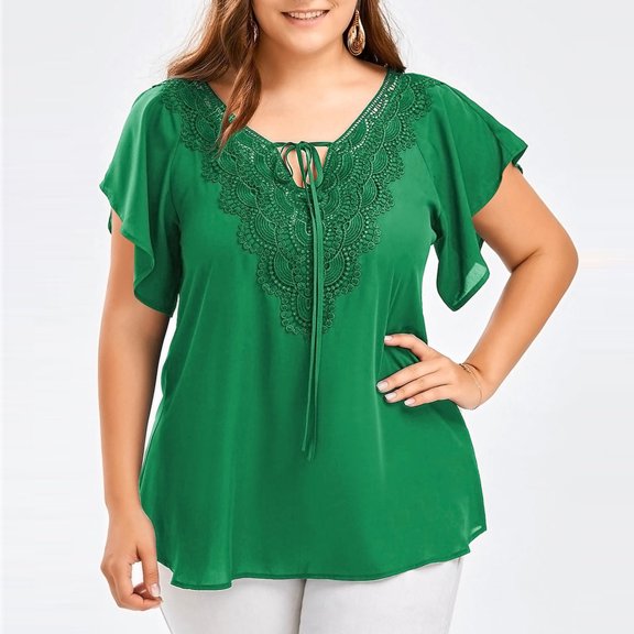 Pincandy Fashion Woman Casual V-Neck Solid Print Lace Short Sleeve T-Shirt Summer Plus Size Tops,Green,5XL