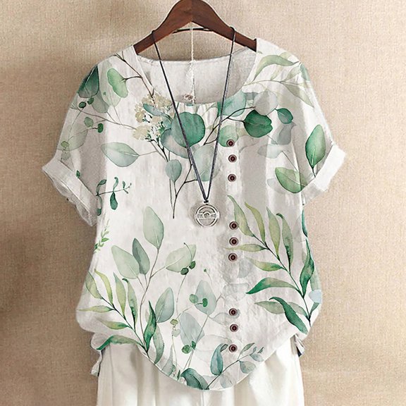 Pincandy Fashion Woman Causal Round Neck Printing Blouse Short Sleeve T-Shirt Summer Tops Cute Neck Tops Loose Dressy Casual Shirts Cap,Green,XL
