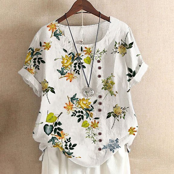 Pincandy Fashion Woman Causal Round Neck Printing Blouse Short Sleeve T-Shirt Summer Tops Cute Neck Tops Loose Dressy Casual Shirts Cap,Yellow,2XL
