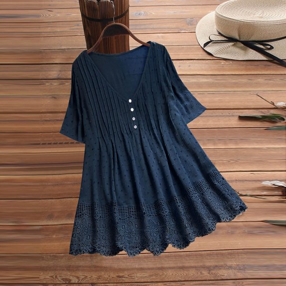 Pincandy Fashion Woman Causal V-Neck Solid Blouse Flowy Babydoll Dresses 2025 Summer Short Sleeve Swing Shift Loose Casual Mini Tunic Dress,Navy,2XL