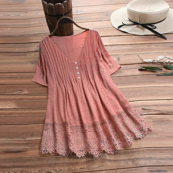 Pincandy Fashion Woman Causal V-Neck Solid Blouse Flowy Babydoll Dresses 2025 Summer Short Sleeve Swing Shift Loose Casual Mini Tunic Dress,Pink,L
