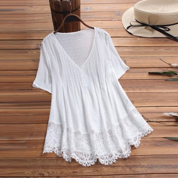 Pincandy Fashion Woman Causal V-Neck Solid Blouse Flowy Babydoll Dresses 2025 Summer Short Sleeve Swing Shift Loose Casual Mini Tunic Dress,White,XL