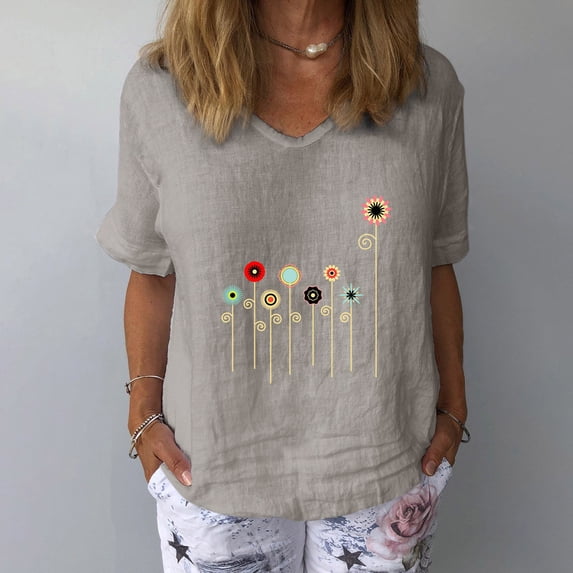 Pincandy Fashion Women Short Sleeve Flowers Print V-Neck Tops T-Shirt Loose Casual Blouse,Gray,2XL