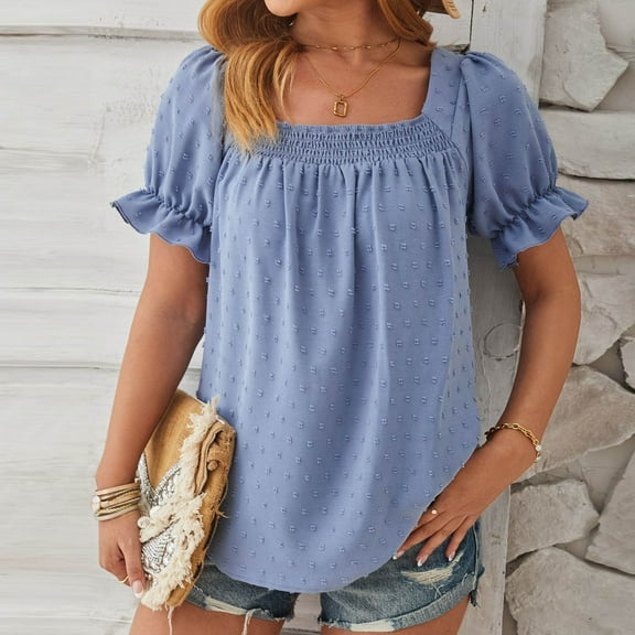 Pincandy Fashion Women's Casual Comfortable Solid Short Sleeved Top Blouse T-Shirt Summer Tops Sqaure Neck Ruffle Sleeve Blouses Babydoll Shirts,Blue,XL