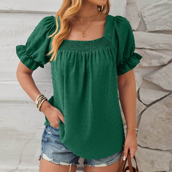 Pincandy Fashion Women's Casual Comfortable Solid Short Sleeved Top Blouse T-Shirt Summer Tops Sqaure Neck Ruffle Sleeve Blouses Babydoll Shirts,Green,2XL