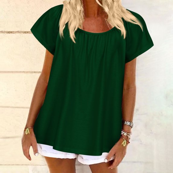 Pincandy Fashion Women's Casual Solid Color Short-Sleeved Round Neck Blouse Shirts,Army Green,3XL