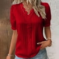 thumbnail image 1 of Pincandy Fashion Women's Summer-Neck Short Sleeve Lace Solid Casual T-shirt Blouse Dressy Casual Henley V-Neck Summer Tops Pleated T-Shirts Loose Fit Tunic Blouses,Red,L, 1 of 6