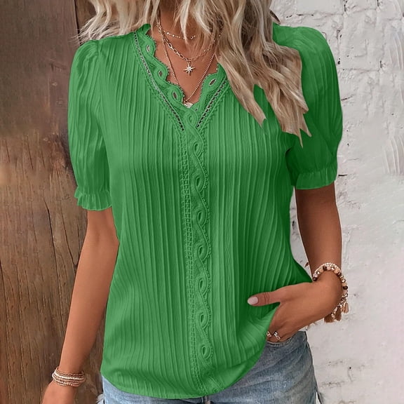 Pincandy Fashion Women's Summer-Neck Short Sleeve Lace Solid Casual T-shirt Blouse Dressy Casual Henley V-Neck Summer Tops Pleated T-Shirts Loose Fit Tunic Blouses,Green,4XL