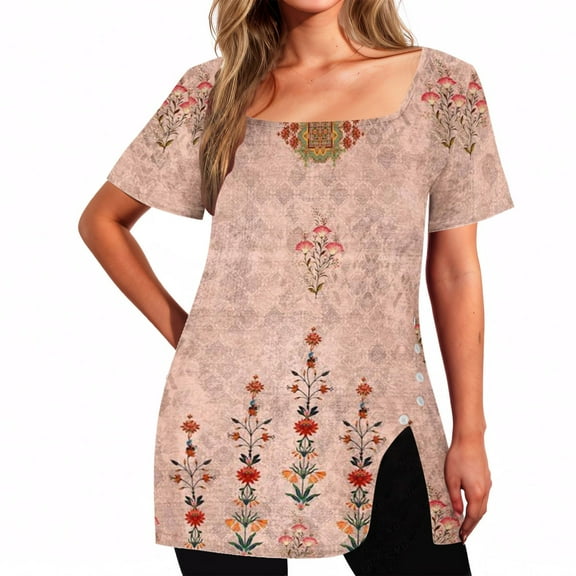 Pincandy Fashion Womens Casual Printed Square Neck Short Sleeve Buttons Tops Loose Blouses Relaxed Fit Sequin Tie Dye Embroidery Cap Sleeves Blouse,Pink,XL