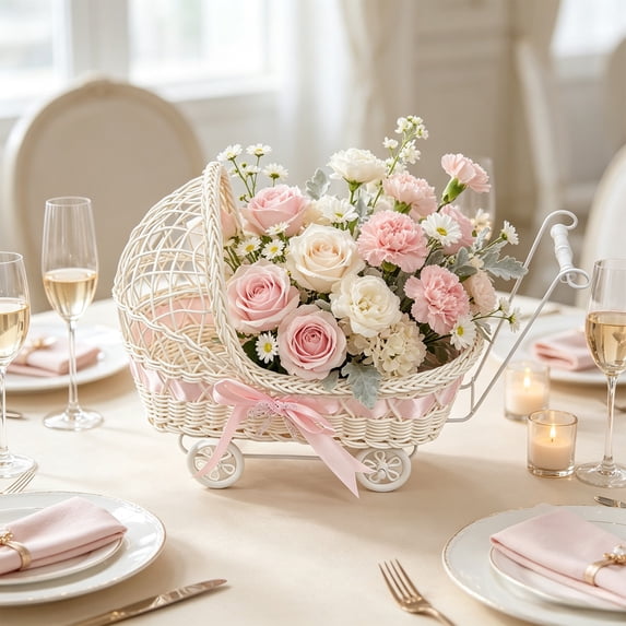 Pincandy Faux Rattan Weave Pram Shaped Flower Basket with Wheel & Handle Multi-Functional Storage Basket & Centerpiece for Weddings, Parties, and Home Décor