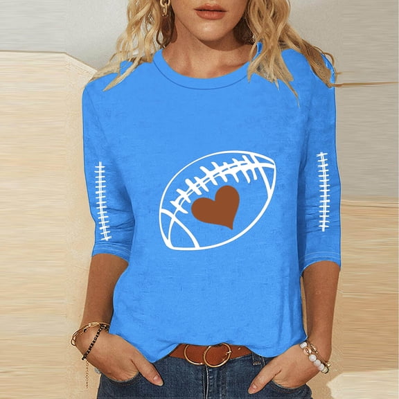 Pincandy Football Shirts for Women Plus Size Graphic Print Pullover Shirts Casual 3/4 Length Sleeve Crewneck Fall Fashion Tops