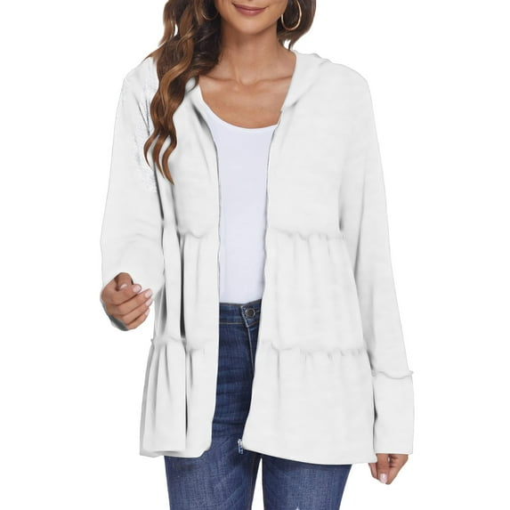 Pincandy Full Zip Up Hoodie for Women Pleated Tiered Ruffle Hooded Sweatshirts Jacket Coat Long Sleeve