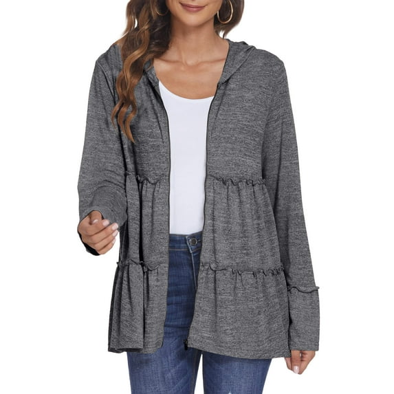 Pincandy Full Zip Up Hoodie for Women Pleated Tiered Ruffle Hooded Sweatshirts Jacket Coat Long Sleeve
