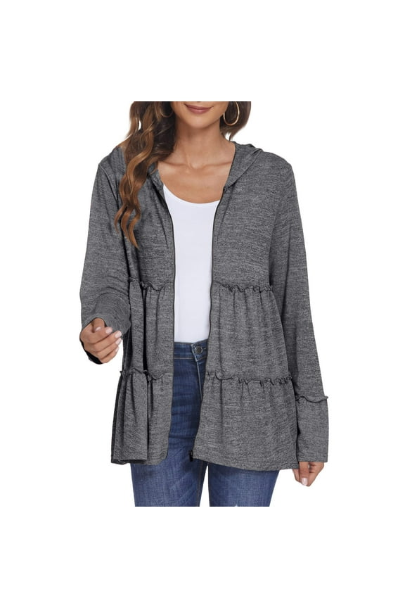 Full Zip Up Hoodie for Women Pleated Tiered Ruffle Hooded Sweatshirts Jacket Coat Long Sleeve