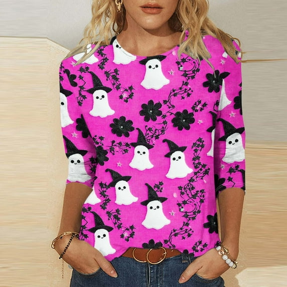 Pincandy Halloween Shirts for Women 3/4 Sleeve Tshirts Ghost Spooky Season Graphic Crewneck Sweatshirts