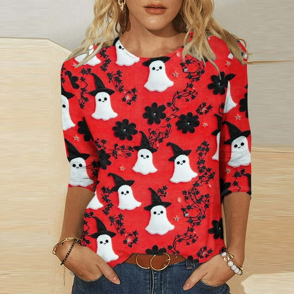 Pincandy Halloween Shirts for Women 3/4 Sleeve Tshirts Ghost Spooky Season Graphic Crewneck Sweatshirts