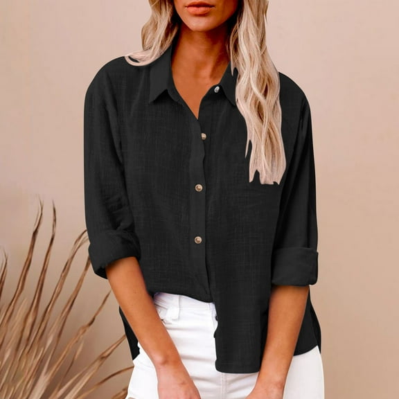 Pincandy Linen Shirts for Women Summer Long Sleeve Lapel Button Down Shirt Lightweight Gauze Tops Loose Casual Blouses Clothes