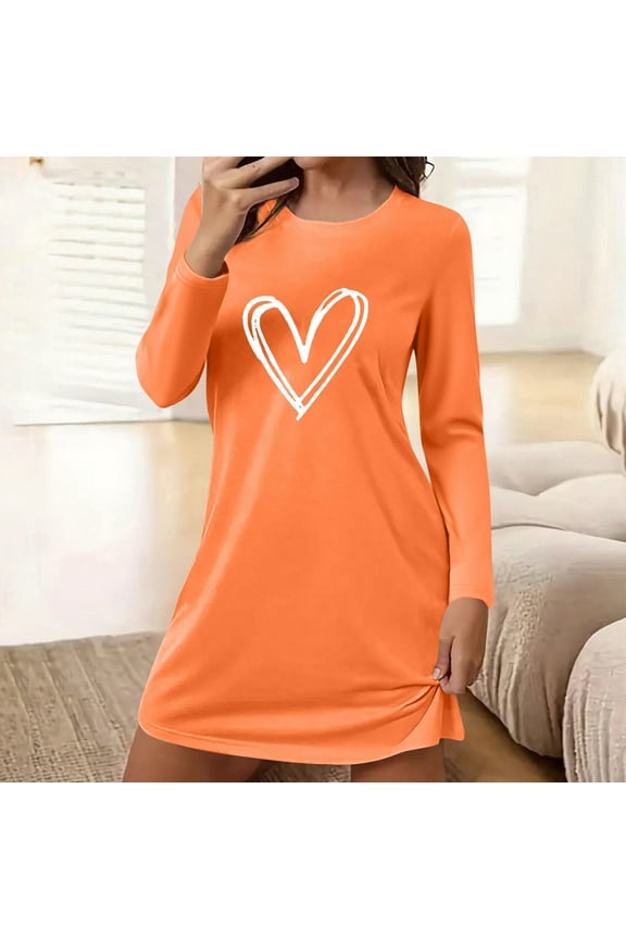 Long Sleeve Nightgown for Women Heart Print Sleepwear Loose Crewneck Nightshirt Fall Tshirt Mini Dress